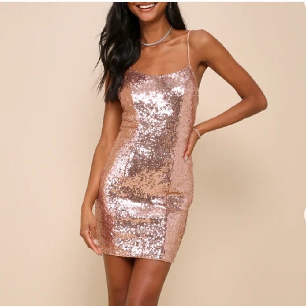 NWT LULUS Bring It Rose Gold Sequin Bodycon Mini Dress Pink Sizes L and XL